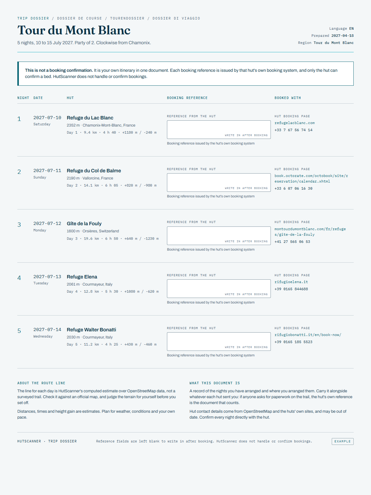 An example HutScanner trip dossier. The booking reference field is left blank to write in by hand after booking, because references are issued by each hut's own booking system. HutScanner does not handle or confirm bookings.