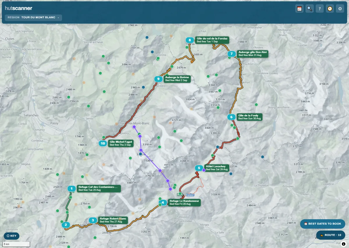 El planificador de HutScanner mostrando un itinerario del Tour du Mont Blanc, con los refugios coloreados según las plazas libres